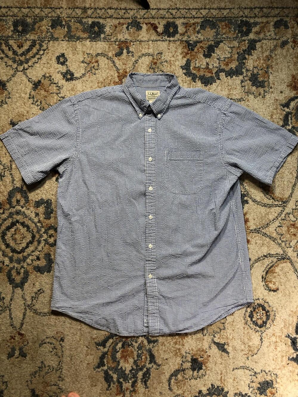 L.L. Bean Shirt Mens L Blue Check Short Sleeve Button Down Traditional Fit